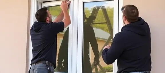 professional window installation, workers installing plastic window in apartment