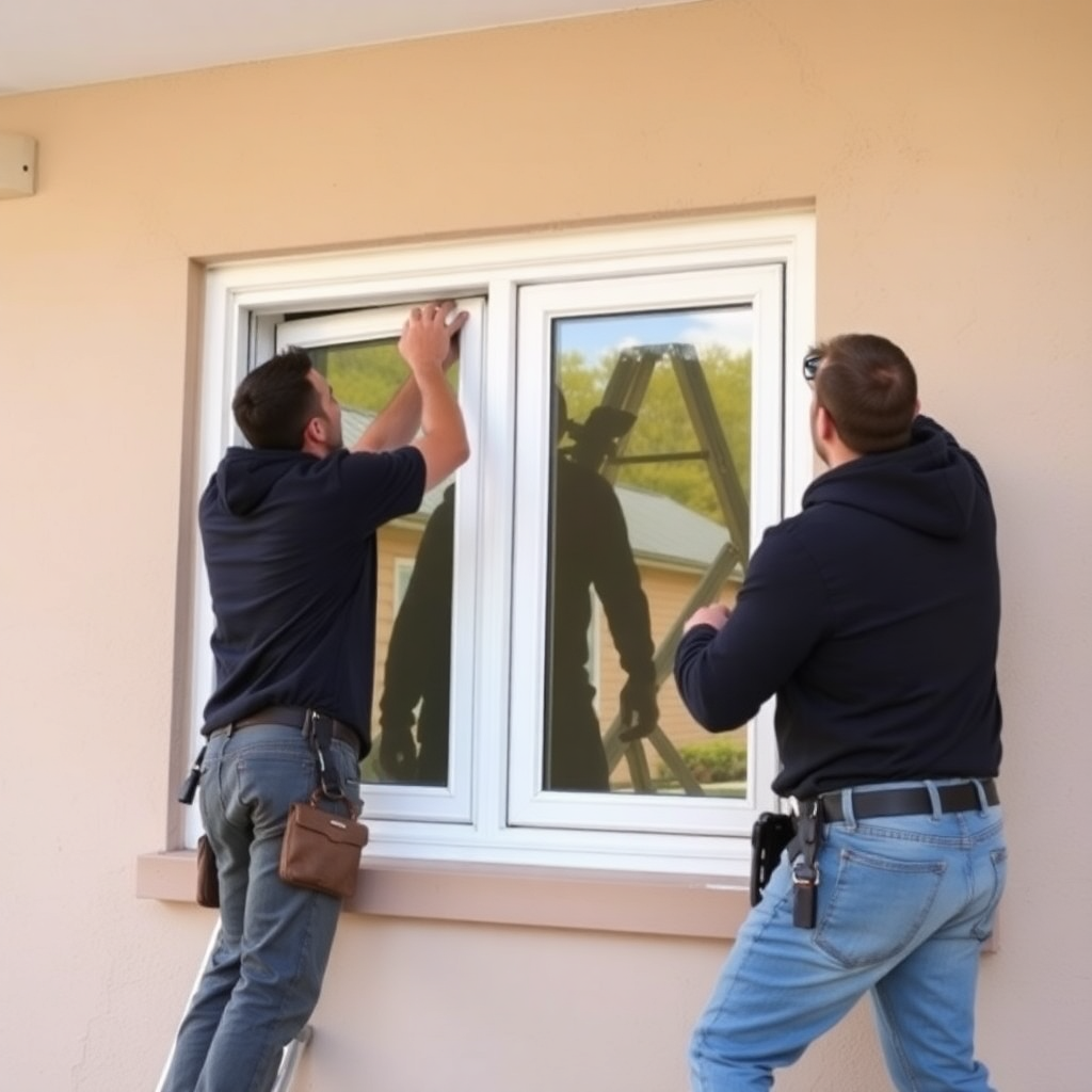professional window installation, workers installing plastic window in apartment